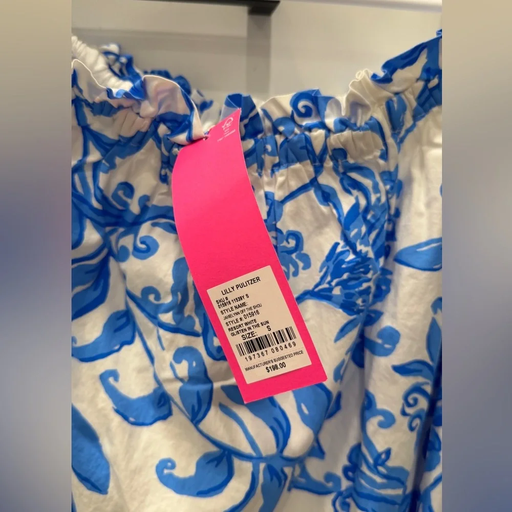 NWT Lilly Pulitzer Jamielynn Off the Shoulder Blue and White Floral Dress - Picture 5 of 6